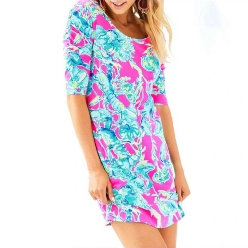 Lilly Pulitzer LaJolla Dress Raz Berry Lobsters 100% Pima Cotton Size XS